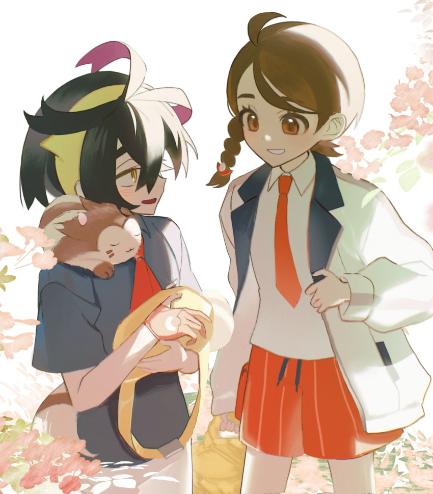 1boy 1girl bag black_hair blue_shirt blush brown_eyes brown_hair closed_eyes collared_shirt flower furret gloves grin highres holding holding_bag jacket juliana_(pokemon) kieran_(pokemon) leaf long_sleeves naranja_academy_school_uniform necktie on_shoulder open_clothes open_jacket open_mouth petals pink_flower pokemon pokemon_(creature) pokemon_on_shoulder pokemon_sv purple_hair red_flower satang_(chchlop) school_uniform shirt shorts simple_background single_glove smile white_background white_jacket white_shirt yellow_bag yellow_eyes