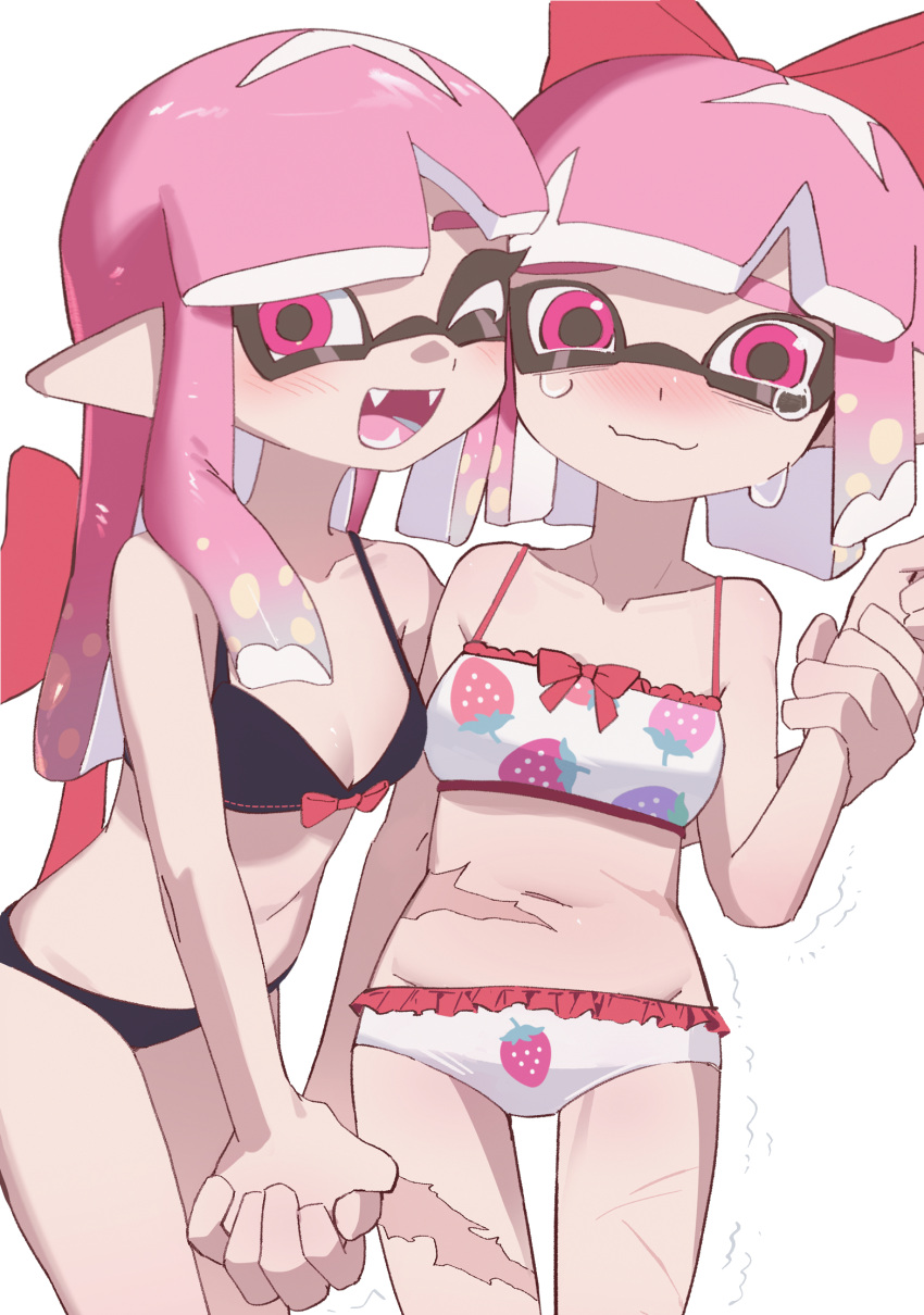 2girls :d bare_shoulders bikini black_bikini blunt_bangs blush bow bow_bikini breasts chinese_commentary cleavage commentary_request cowboy_shot crying crying_with_eyes_open embarrassed fangs food_print frilled_bikini frills hair_bow highres holding_another's_wrist holding_hands inkling inkling_girl inkling_player_character long_hair looking_at_viewer motion_lines multiple_girls namazuoku navel nervous_smile one_eye_closed open_mouth pink_eyes pink_hair pointy_ears print_bikini red_bow scar scar_on_leg scar_on_stomach short_hair small_breasts smile splatoon_(series) stomach strawberry_print swimsuit tears tentacle_hair wavy_mouth white_background white_bikini