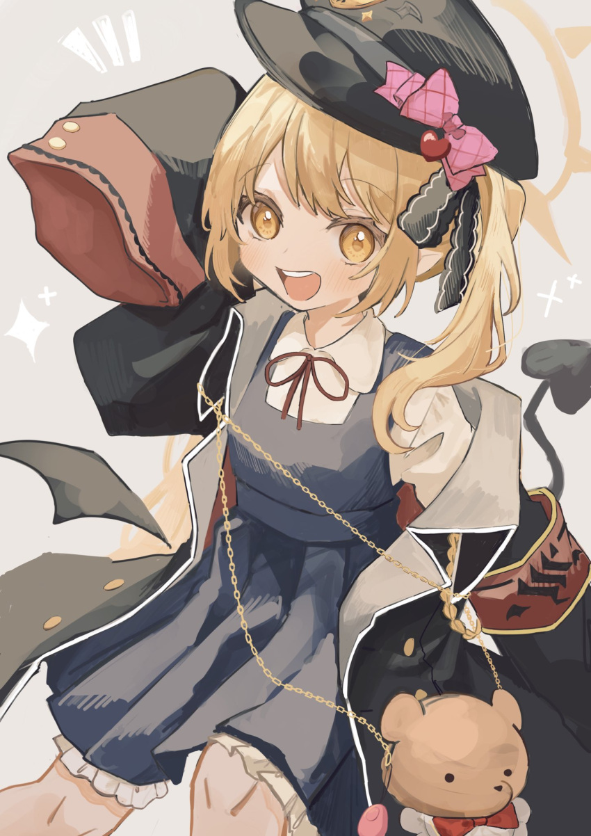 1girl black_dress black_headwear black_tail black_wings blonde_hair blue_archive blush coat collared_shirt demon_tail demon_wings dress frilled_dress frills halo hat highres ibuki_(blue_archive) long_hair long_sleeves open_clothes open_coat open_mouth peaked_cap pointy_ears sabatuki shirt side_ponytail sleeves_past_fingers sleeves_past_wrists smile solo tail white_shirt wings yellow_eyes yellow_halo