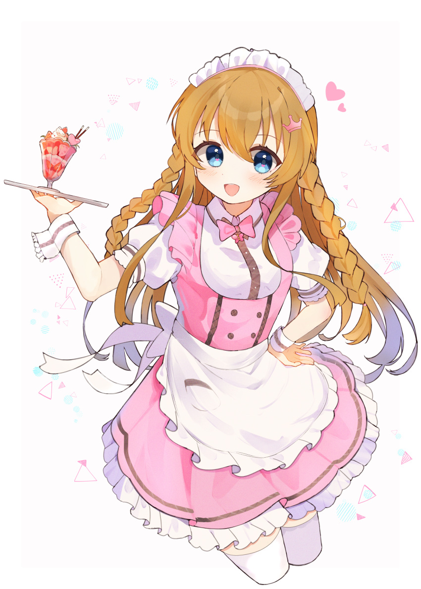1girl absurdres alternate_costume apron blue_eyes blush bow bowtie brown_hair dress enmaided heart highres holding holding_tray idolmaster idolmaster_million_live! kousaka_umi long_braid looking_at_viewer maid maid_apron maid_headdress parfait pink_bow pink_bowtie pink_dress puffy_short_sleeves puffy_sleeves shishiodoshi short_sleeves smile solo thighhighs tray triangle white_apron white_thighhighs wrist_cuffs zettai_ryouiki