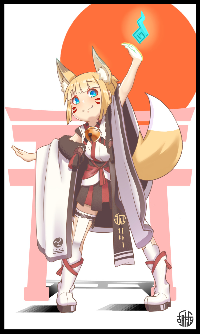 1girl animal_ear_fluff animal_ears arm_up bell black_border blonde_hair blue_eyes blush boots border closed_mouth commentary_request facial_mark fang fang_out fox_ears fox_girl fox_tail full_body fur_trim hakama hakama_short_skirt hakama_skirt highres hitodama japanese_clothes jingle_bell kimono kuro_kosyou neck_bell original ponytail red_hakama simple_background skirt sleeveless sleeveless_kimono smile solo standing tail thighhighs thighhighs_under_boots torii white_background white_footwear white_kimono white_thighhighs