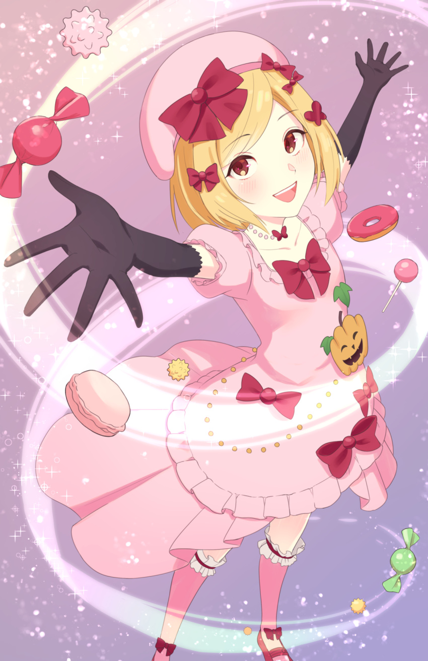 1girl arms_up black_gloves blonde_hair bow candy candy_wrapper commentary_request doughnut dress elbow_gloves food footwear_bow full_body gloves gradient_background hair_bow highres lambdadelta lollipop looking_at_viewer nzmtarou open_mouth pink_background pink_dress pink_footwear pink_headwear pink_thighhighs puffy_short_sleeves puffy_sleeves pumpkin purple_background red_bow red_eyes short_hair short_sleeves solo teeth thighhighs tongue umineko_no_naku_koro_ni upper_teeth_only wrapped_candy