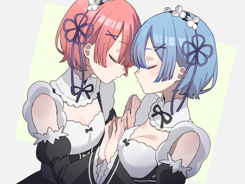 2girls bare_shoulders blue_hair breasts cleavage closed_eyes closed_mouth facing_another hair_ornament hair_ribbon highres large_breasts maid multiple_girls nitsuki_09 ram_(re:zero) re:zero_kara_hajimeru_isekai_seikatsu rem_(re:zero) ribbon short_hair siblings sisters x_hair_ornament