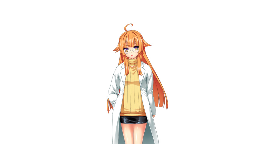 1girl ahoge amakubo_yuri blunt_ends blunt_sidelocks breasts dot_nose glasses hair_flaps hand_in_pocket head_tilt inoino kouyoku_senki_exs-tia lab_coat long_hair lusterise open_mouth orange_hair simple_background small_breasts smile solo standing sweater tachi-e yellow_eyes yellow_sweater