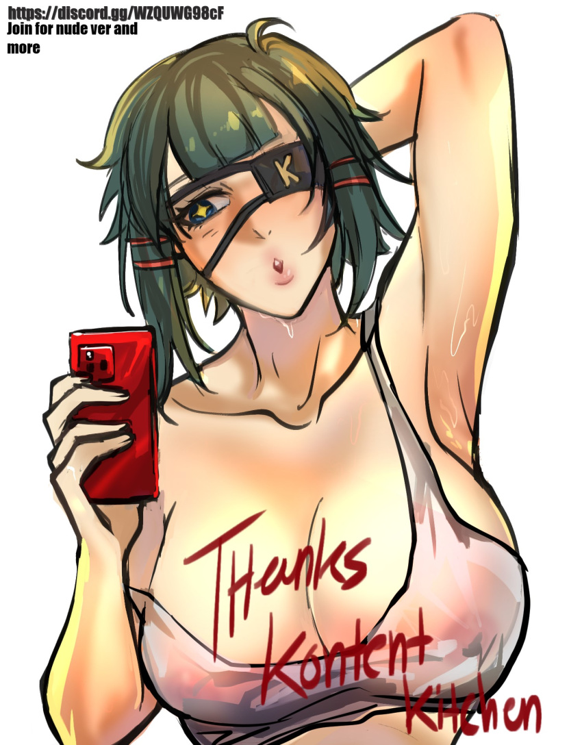 armpits arms_behind_head arms_up blowing_kiss blue_eyes breasts cleavage crop_top eyepatch green_hair hands_on_own_head highres holding holding_phone kamila nipples original phone presenting_armpit see-through see-through_shirt selfie solo solo_focus sweat sweatdrop yellow_eyes