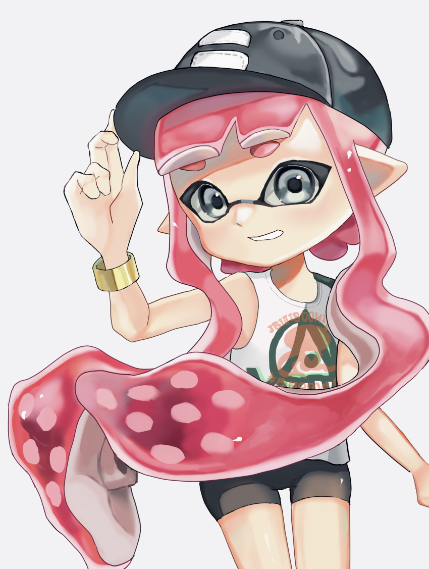 1girl absurdres baseball_cap bike_shorts black_headwear commentary_request gold_bracelet grey_eyes hand_on_headwear hat highres inkling inkling_girl inkling_player_character long_hair looking_at_viewer negi_kobito pointy_ears print_headwear print_shirt red_hair shirt simple_background sleeveless sleeveless_shirt smile solo splatoon_(series) teeth tentacle_hair thick_eyebrows white_background white_shirt