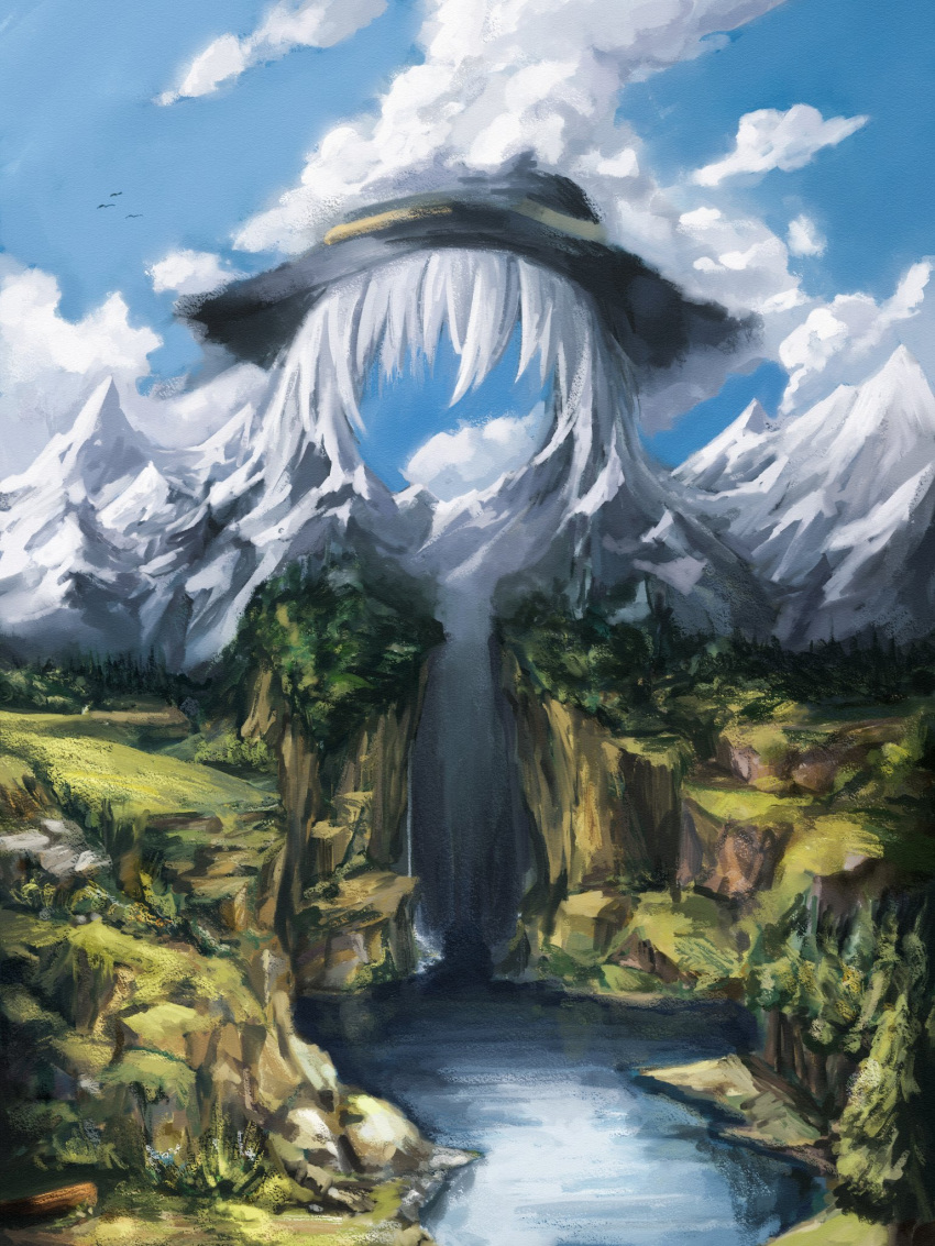 1girl black_headwear blending blue_sky cloud day forest grass hat highres komeiji_koishi landscape mountain nature outdoors painterly reverinth rock scenery simple_bird sky solo surreal touhou water waterfall white_hair