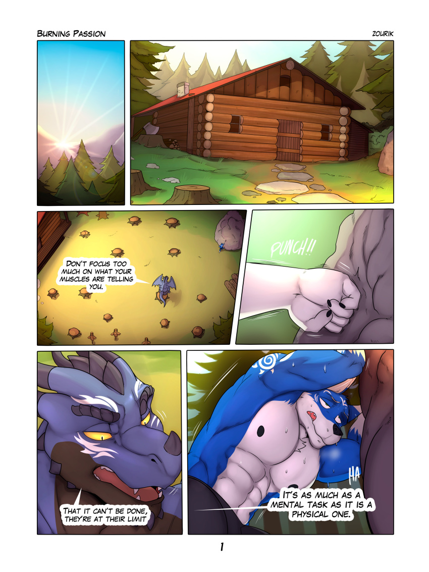 5_fingers abs absurd_res anthro arm_tattoo axe biceps biped black_claws black_eyebrows black_horn black_nipples black_nose blue_body blue_fur bodily_fluids building canid canine canis chest_tuft claws comic detailed_background dialogue digital_media_(artwork) dragon duo english_text eyebrows fangs fingers forest fox fur grass hi_res horn house hybrid light male mammal membrane_(anatomy) membranous_wings muscular muscular_anthro muscular_male mythological_creature mythological_scalie mythology nik_(sonicfox) nipples omni_(sonicfox) open_mouth orange_sclera outside pecs plant punch pupils scalie sitting sitting_on_stump sky slit_pupils speech_bubble standing sun sunlight sweat sweatdrop tattoo teeth text tree tree_stump tuft white_body white_fur white_tattoo wings wolf zourik