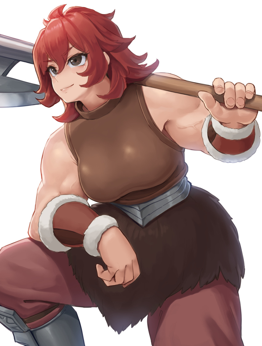 axe bare_shoulders breasts brown_eyes dungeon_meshi dwarf fur_skirt highres holding holding_weapon large_breasts looking_afar muscular muscular_female namari_(dungeon_meshi) over_shoulder pants pants_under_skirt ranma_(kamenrideroz) red_hair simple_background sleeveless weapon weapon_over_shoulder white_background