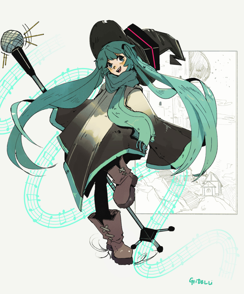 1girl :d adapted_costume aqua_eyes aqua_hair aqua_scarf artist_name black_headwear boots brown_footwear commentary english_commentary full_body guidelli hat hatsune_miku highres holding holding_staff long_hair long_sleeves looking_at_viewer microphone microphone_stand musical_note scarf simple_background sleeves_past_wrists smile solo staff staff_(music) standing standing_on_one_leg twintails very_long_hair vocaloid white_background witch_hat