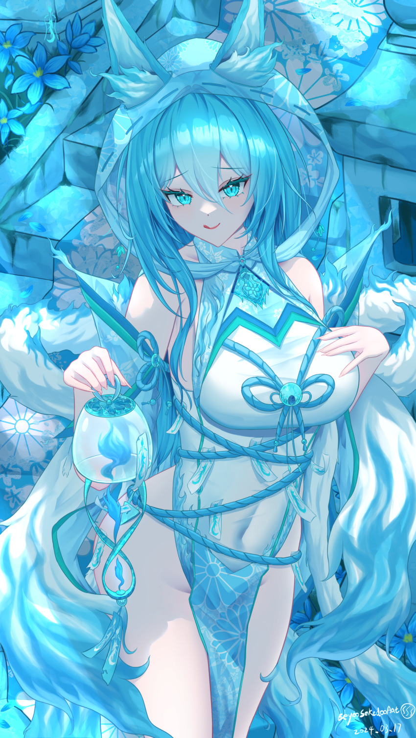 1girl absurdres bare_shoulders blue_flower blue_hair blue_theme breasts covered_navel dated eeyoosekedooaat flower fox_girl hand_on_own_chest highres holding hood hood_up large_breasts licking_lips long_hair original signature solo stairs thighs tongue tongue_out