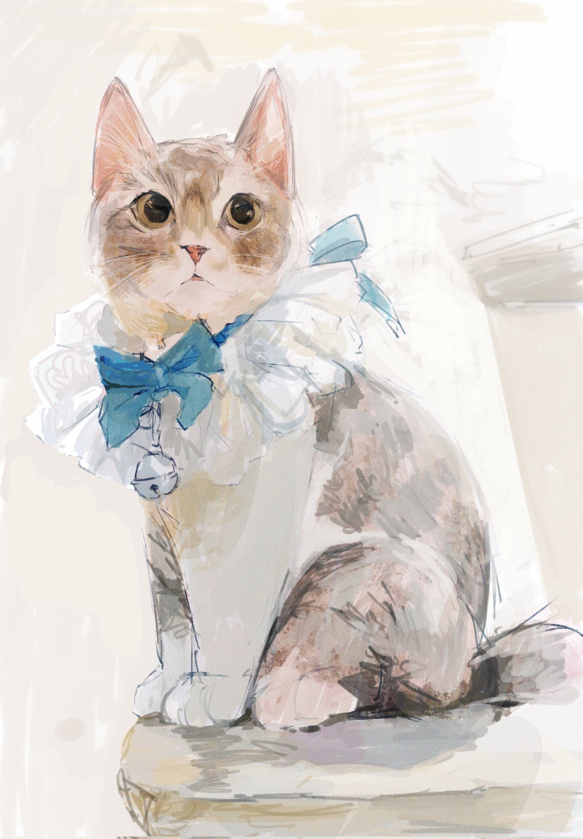 :&lt; animal animal_focus bell blue_bow blue_bowtie bow bowtie cat cat_day highres jingle_bell looking_at_viewer neck_bell no_humans original pandapan simple_background sitting solo white_background