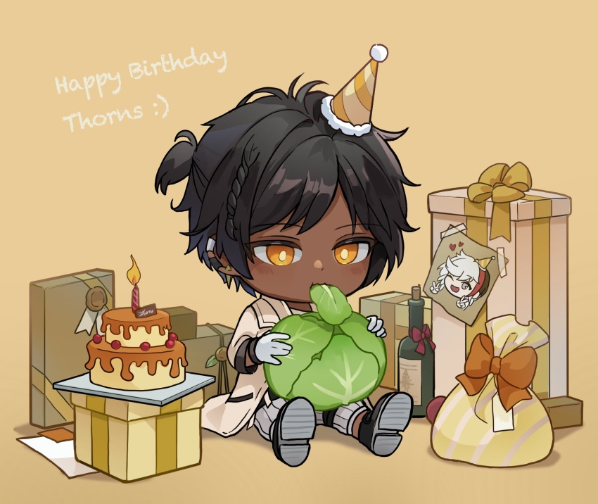 1boy arknights bag black_footwear black_hair bottle brown_coat cabbage cake chibi coat commentary_request dark-skinned_male dark_skin eating elysium_(arknights) english_text food food_in_mouth gift gloves grey_pants happy_birthday highres holding holding_food korean_commentary male_focus pants shadow short_hair simple_background thorns_(arknights) urchin104 white_gloves yellow_background yellow_eyes