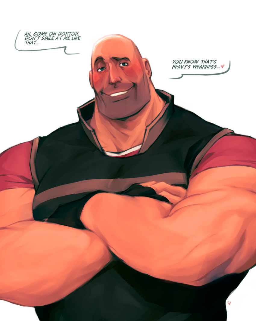 1boy absurdres bald black_gloves black_vest blush crossed_arms english_text facial_hair fingerless_gloves gloves heavy_(tf2) highres male_focus muscular red_shirt shirt simple_background smile solo speech_bubble stubble t-shirt team_fortress_2 vest virtuellesterne white_background