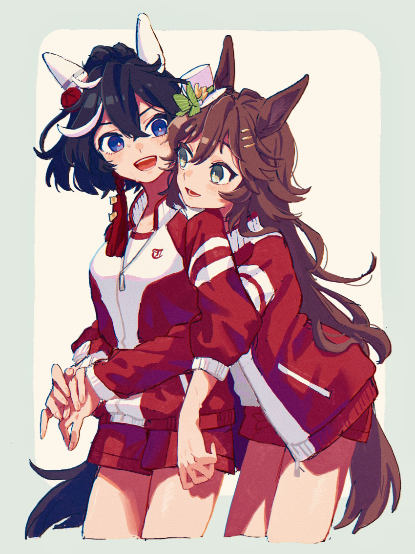 2girls absurdres animal_ears black_hair blue_eyes blush breasts brown_hair cropped_legs ear_covers green_eyes gym_uniform hair_ornament hairclip hat highres holding_hands horse_ears horse_girl horse_tail hug jacket katsuragi_ace_(umamusume) long_hair long_sleeves looking_at_another mini_hat mini_top_hat mr._c.b._(umamusume) multicolored_hair multiple_girls open_mouth ponytail red_jacket red_shorts shirt short_hair short_shorts shorts small_breasts smile streaked_hair tail top_hat track_jacket umamusume white_shirt yuri yuzutomugi