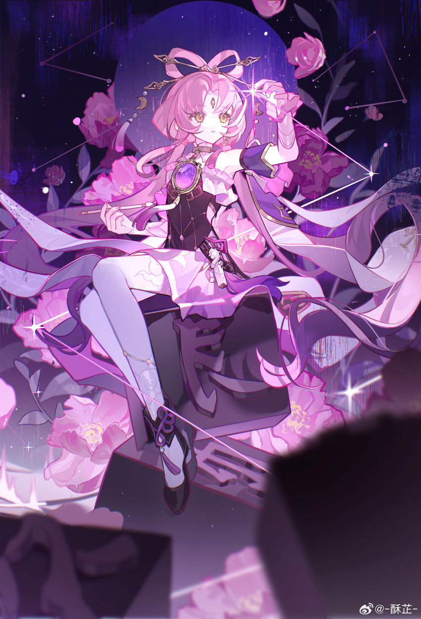 1girl absurdres black_dress black_footwear blurry blurry_foreground bow-shaped_hair chinese_commentary commentary_request constellation detached_sleeves dress flower forehead_jewel from_side fu_xuan_(honkai:_star_rail) full_body full_moon glint hair_ornament hair_stick highres holding holding_paintbrush honkai:_star_rail honkai_(series) leaf legs_together long_hair low_twintails moon paintbrush parted_bangs parted_lips pink_flower pink_hair pink_skirt pink_theme purple_moon shoes sitting skirt solo su_zhi tassel tassel_hair_ornament twintails weibo_logo weibo_username yellow_eyes