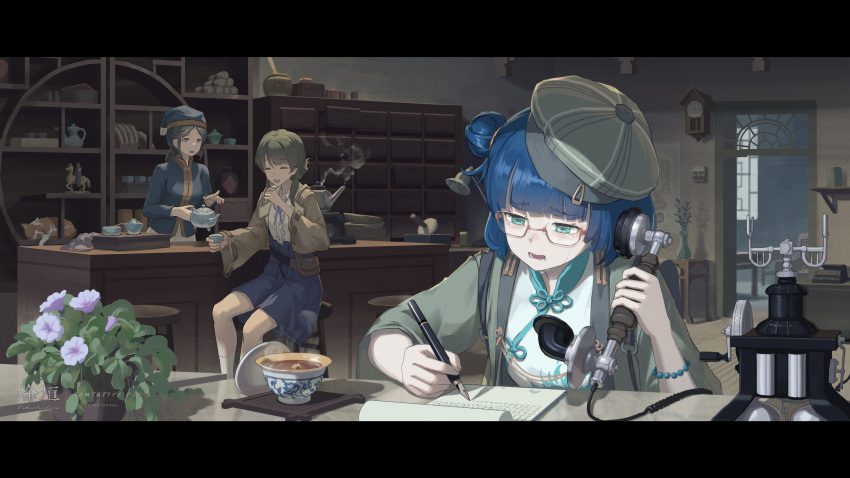 3girls absurdres ancle_(aruncle) blue_hair blue_headwear blue_jacket blue_skirt cafe closed_eyes clothing_request commentary_request crying crying_with_eyes_open cup fanny_pack flower glasses green_eyes green_hair green_headwear green_jacket hair_bun highres holding holding_phone holding_teapot indoors jacket long_hair medium_hair multiple_girls nib_pen_(object) notepad one_side_up open_mouth original pen phone plant pointing potted_plant purple_eyes purple_flower shirt sitting skirt streaming_tears tea teacup teapot tears white_shirt writing