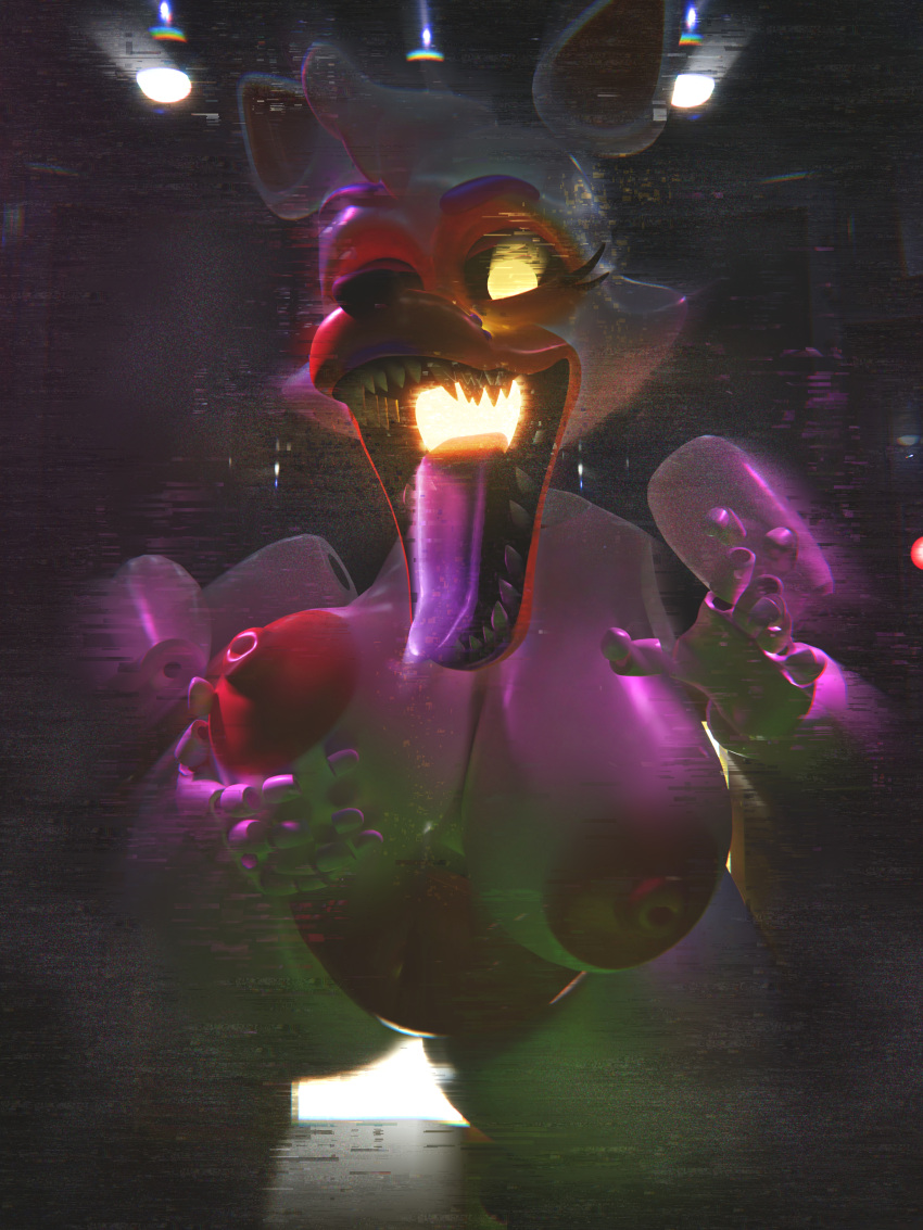 2023 3d_(artwork) 5_fingers absurd_res animatronic anthro areola belly big_breasts biped breasts ceiling_lamp digital_creature digital_media_(artwork) electronics empty_eyes erect_nipples eyelashes female fingers five_nights_at_freddy's five_nights_at_freddy's_world floating_arms floating_fingers front_view gaping_mouth glitch glitch_creature glowing glowing_eyes glowing_mouth hand_on_breast hand_on_own_breast hi_res holding_breast joints lamp lolbit_(fnaf) looking_at_viewer machine monitor mouth_shot multicolored_body navel nipples open_mouth orange_areola orange_belly orange_body orange_nipples portrait purple_tongue robot scottgames sharp_teeth solo teeth thesigmaarts three-quarter_portrait tongue tongue_out two_tone_body white_body white_hands yellow_eyes