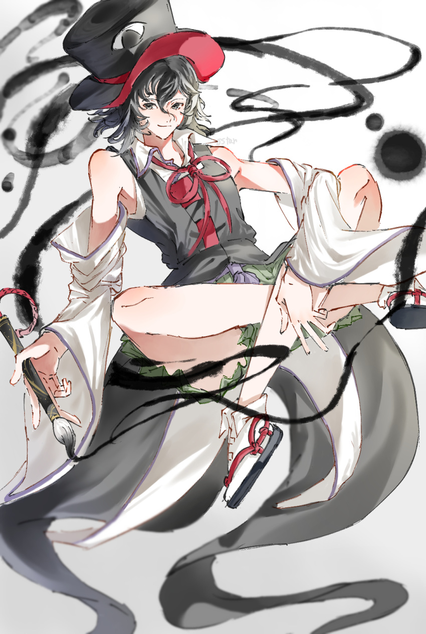 1other black_eyes black_footwear black_hair black_headwear commentary_request crossed_legs detached_sleeves enraku_tsubakura gradient_background highres len'en looking_at_viewer socks solo white_background white_socks wide_sleeves yoni.