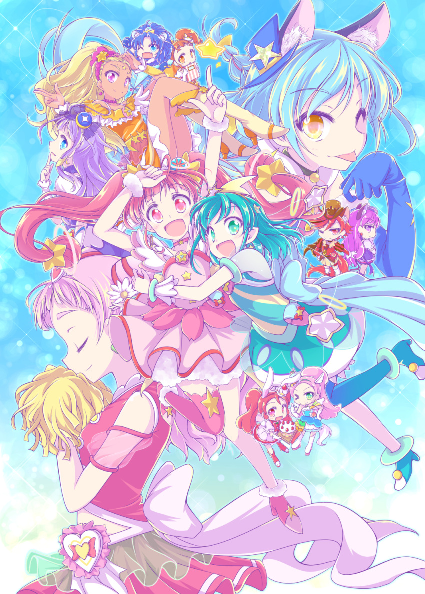 6+girls :p amamiya_elena animal_ears aqua_dress aqua_eyes aqua_hair aqua_pantyhose arisugawa_himari arm_up back_bow black_choker blonde_hair blue_eyes blue_gloves blue_hair bow bowtie brown_eyes brown_hair cat_ears chibi choker closed_eyes clothing_cutout commentary_request cure_chocolat cure_cosmo cure_custard cure_gelato cure_macaron cure_milky cure_parfait cure_selene cure_soleil cure_star cure_whip cure_yell cut_bangs dark-skinned_female dark_skin dog_ears dress earrings elbow_gloves floating fur_cuffs gloves hagoromo_lala hair_ornament hat highres holding holding_pom_poms hoshina_hikaru hug hugtto!_precure in-franchise_crossover index_finger_raised jewelry kaguya_madoka kenjou_akira kirahoshi_ciel kirakira_precure_a_la_mode kotozume_yukari lion_ears looking_at_viewer mini_hat mini_top_hat multiple_girls muusu nono_hana one_eye_closed open_mouth orange_dress pantyhose partial_commentary pink_dress pink_hair pom_pom_(cheerleading) pouch precure purple_dress purple_eyes purple_hair rabbit_ears red_eyes red_hair see-through see-through_sleeves short_dress short_sleeves shoulder_cutout single_leg_pantyhose smile sparkle squirrel_ears star_(symbol) star_hair_ornament star_twinkle_precure stomach_cutout tategami_aoi tongue tongue_out top_hat twintails usami_ichika white_bow white_bowtie yellow_eyes yuni_(precure)