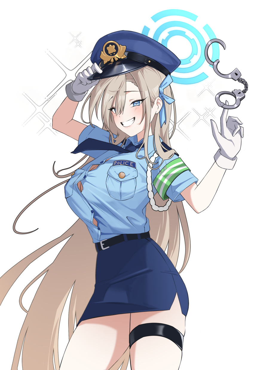 1girl absurdres asuna_(blue_archive) belt black_belt blue_archive blue_eyes blue_headwear blue_ribbon blue_shirt blue_skirt blush breasts collared_shirt cuffs dori_(choejeongmin7) gloves grin hair_over_one_eye hair_ribbon hat highres large_breasts light_brown_hair long_hair police police_hat police_uniform policewoman ribbon shackles shirt short_sleeves simple_background skirt smile solo thigh_strap uniform white_background white_gloves