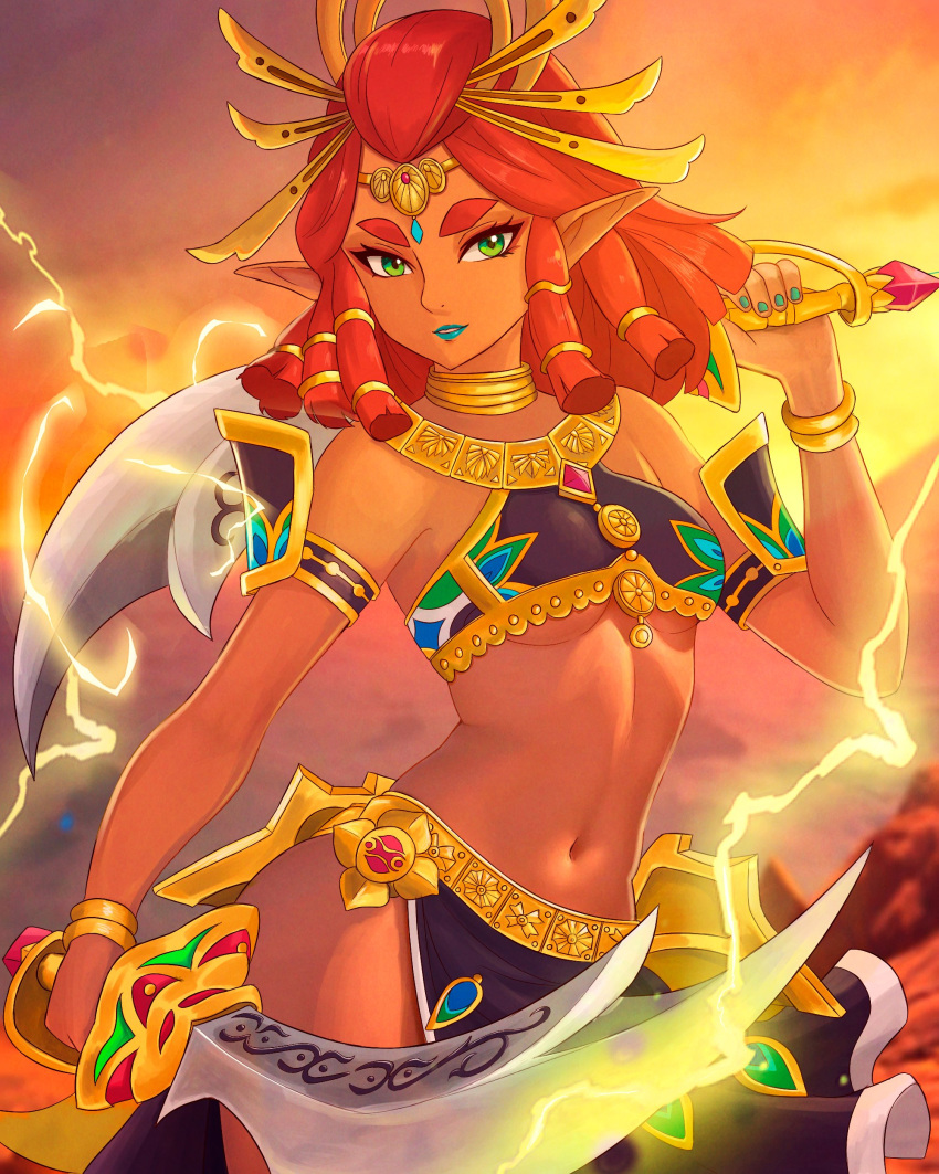 1girl absurdres armlet bare_shoulders blue_lips blue_nails bracelet breasts dark-skinned_female dark_skin desert dual_wielding electricity electrokinesis gem gerudo gold green_eyes hair_ornament highres holding jewelry lightning looking_at_viewer medium_breasts midriff nail_polish necklace over_shoulder pointy_ears red_hair riju scimitar side_slit skirt small_breasts solo sunset sword sword_behind_back sword_over_shoulder the_legend_of_zelda the_legend_of_zelda:_tears_of_the_kingdom tiara truejekart underboob weapon weapon_over_shoulder