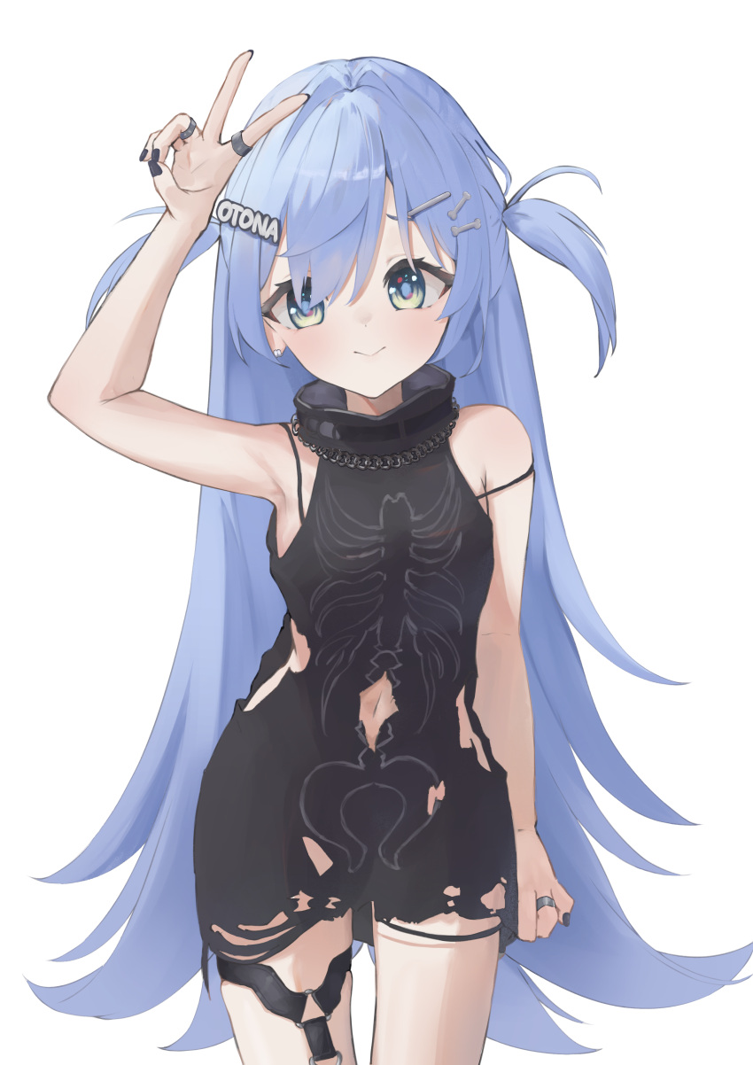 1girl absurdres armpits bare_shoulders black_dress black_nails blue_eyes blue_hair bone_hair_ornament buiu cartoon_bone cowboy_shot dress hair_ornament hairclip highres jewelry long_hair looking_at_viewer navel ring short_sidetail simple_background skeleton_print smile solo strap_slip thigh_strap torn_clothes torn_dress v very_long_hair virtual_youtuber vspo! white_background yano_kuromu