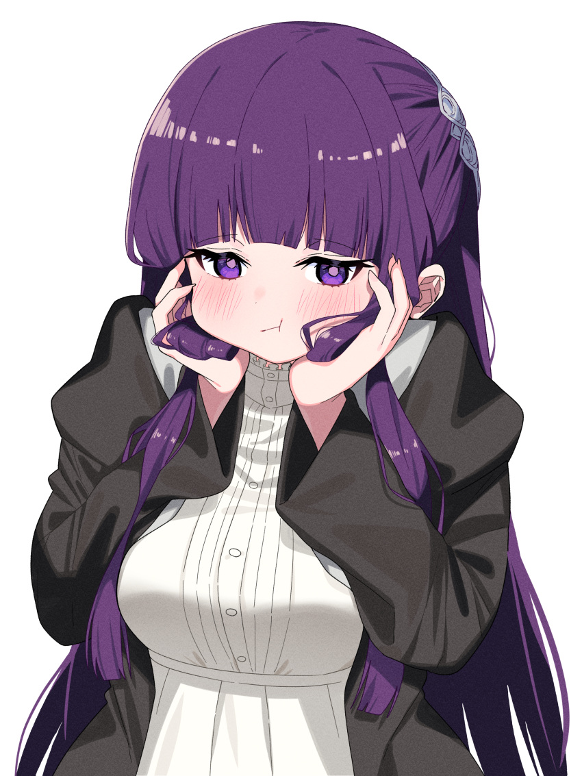 1girl :t absurdres black_robe blush breasts closed_mouth commentary_request dress fern_(sousou_no_frieren) hands_up highres hood hood_down hooded_robe long_hair looking_at_viewer medium_breasts open_clothes open_robe pleated_dress pout purple_eyes purple_hair robe simple_background solo sousou_no_frieren tosyeo upper_body very_long_hair white_background white_dress