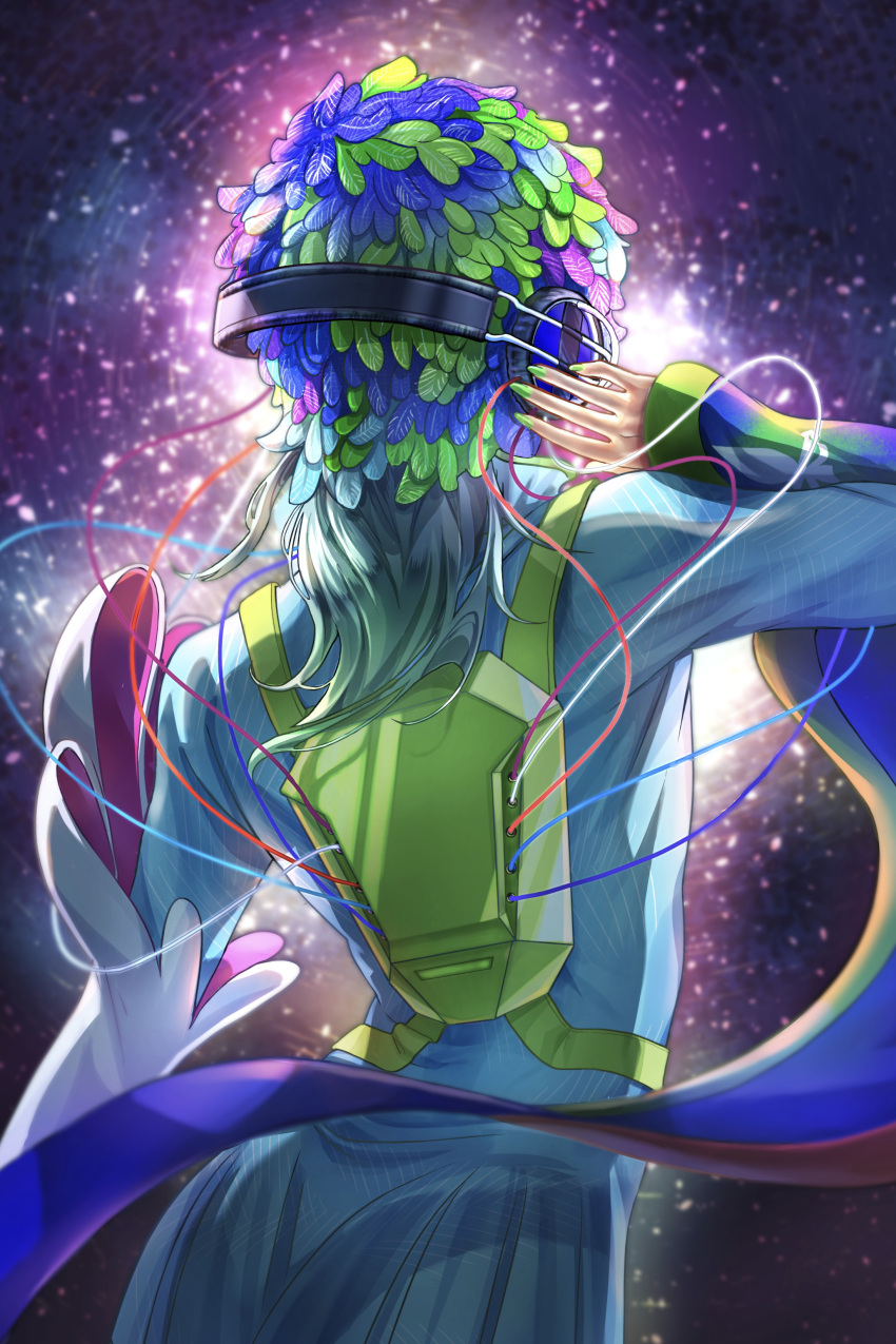 1other absurdres androgynous back blue_eyes blue_hair dress facing_away gnosia green_hair green_nails grey_dress headphones highres long_hair long_sleeves multicolored_hair nail_polish raqio ruy8121 solo streaked_hair