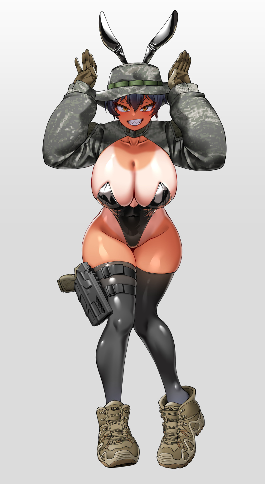 absurdres black_hair black_leotard boonie_hat breasts camouflage camouflage_jacket cleavage collarbone gloves highres hitch_(perotoss) huge_breasts jacket leotard mons_pubis orange_eyes original sharp_teeth shoes short_hair shrug_(clothing) sneakers tan tanlines teeth thighhighs very_short_hair