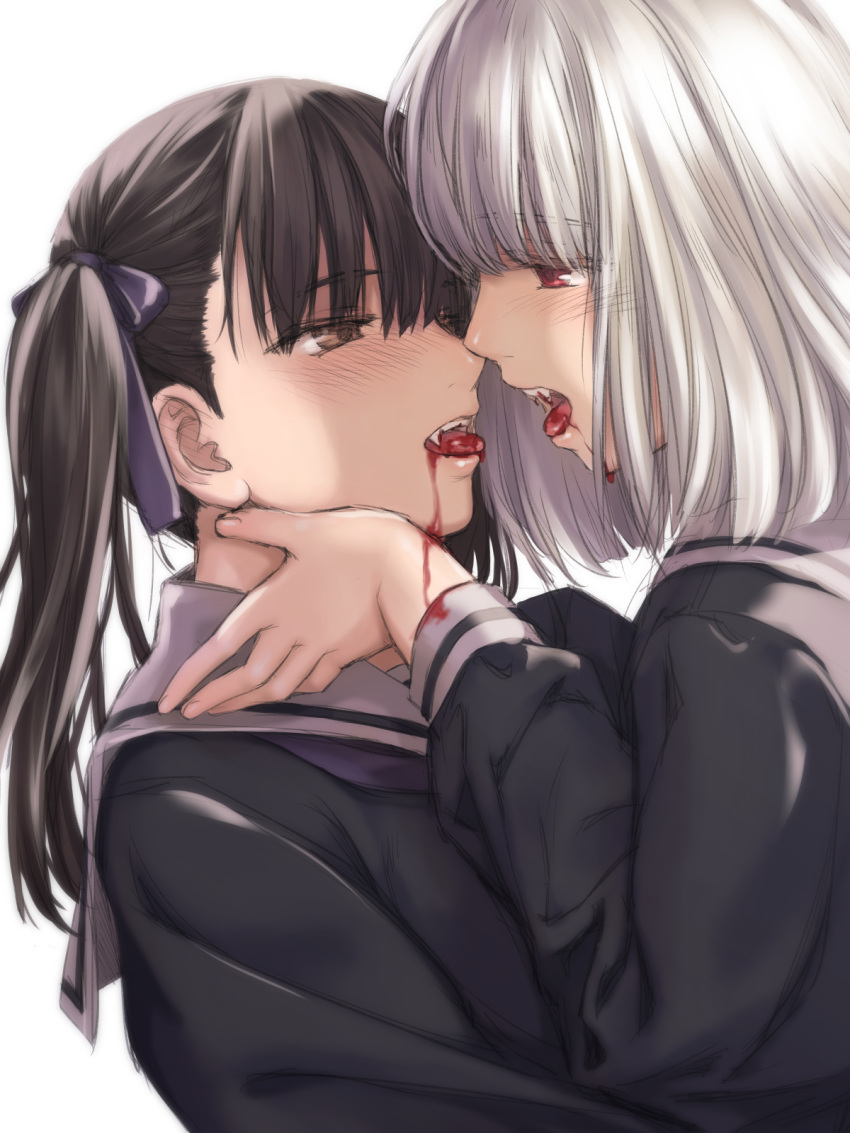 2girls black_shirt blood blood_from_mouth brown_eyes brown_hair commentary_request eye_contact fangs hair_ribbon hands_on_another's_face highres long_hair long_sleeves looking_at_another multiple_girls open_mouth original purple_ribbon red_eyes ribbon sailor_collar school_uniform serafuku shirt simple_background takekawa_shin tongue tongue_out twintails upper_body vampire white_background white_hair white_sailor_collar yuri