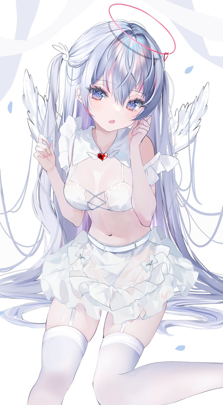 1girl absurdres angel angel_wings apron bare_shoulders bikini blurry blurry_background blush breasts detached_collar feathered_wings grey_hair hair_ornament halo highres long_hair looking_at_viewer moemoepiano navel open_mouth original red_halo revealing_clothes see-through see-through_sleeves simple_background small_breasts solo swimsuit very_long_hair white_apron white_background white_bikini wings