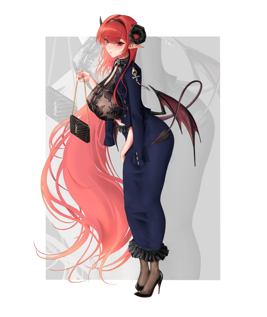 1girl absurdres alternate_costume azur_lane bag black_bag black_footwear black_hairband black_horns blue_dress breasts brown_pantyhose covered_nipples curled_horns demon_girl demon_horns demon_tail demon_wings dress from_side full_body hairband handbag highres hindenburg_(azur_lane) holding holding_bag horns huge_breasts leaning_forward long_hair long_sleeves looking_at_viewer nijisatara pantyhose pointy_ears red_eyes red_hair shoes solo tail very_long_hair wings