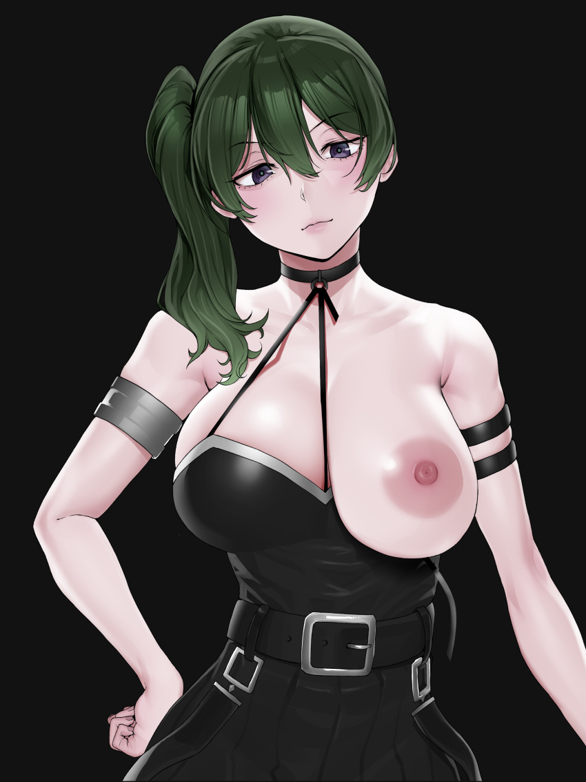 1girl absurdres arm_strap armlet bare_shoulders belt belt_buckle between_breasts black_background black_belt black_dress breasts buckle choker closed_mouth commentary_request dress green_hair hair_between_eyes hand_on_own_hip highres large_breasts long_hair looking_at_viewer o-ring o-ring_choker one_breast_out purple_eyes side_ponytail simple_background solo sousou_no_frieren strap_between_breasts ubel_(sousou_no_frieren) upper_body yesman