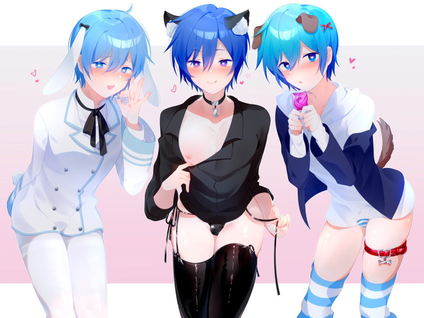 3boys animal_ears black_choker black_shirt black_thighhighs blue_eyes blue_hair blue_nails blush cat_boy cat_ears choker commentary_request condom crossdressing dark_blue_hair dog_boy dog_ears dog_tail fellatio_gesture flashing gradient_background guilty_(module) hair_between_eyes heart heart-shaped_pupils holding holding_condom hood hoodie kaito_(vocaloid) leaning_forward licking_lips light_blue_hair looking_at_viewer male_focus multiple_boys natsu_in otoko_no_ko parka project_diva_(series) puffy_nipples rabbit_boy rabbit_ears rabbit_tail school_uniform_parka_(module) shiny_clothes shiny_skin shirt short_hair simple_background skindentation standing striped_clothes striped_thighhighs suit symbol-shaped_pupils tail thighhighs thighs tongue tongue_out upper_body vocaloid white_blazer_(module) white_hoodie white_suit