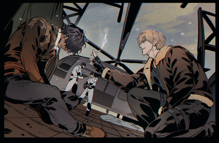 4boys aircraft blonde_hair brown_hair curtained_hair fur_trim helicopter highres jacket leon_s._kennedy luis_sera male_focus multiple_boys resident_evil resident_evil_4 resident_evil_4_(remake) shirt short_hair smoke spoilers tight_clothes tight_shirt umbrella_rpd