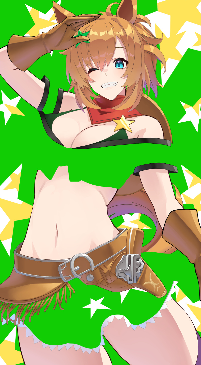 1girl absurdres animal_ears aqua_eyes arm_strap armpits bandana bare_shoulders blush breasts brown_gloves brown_hair cleavage commentary_request cowboy_hat cowboy_shot gloves gradient_background green_skirt grin hair_between_eyes hair_ornament hat highres holster horse_ears horse_girl horse_tail large_breasts linea_alba looking_at_viewer medium_hair midriff navel one_eye_closed ponytail red_bandana reibun_(raven1119) simple_background skirt smile taiki_shuttle_(umamusume) tail two-tone_background umamusume weapon