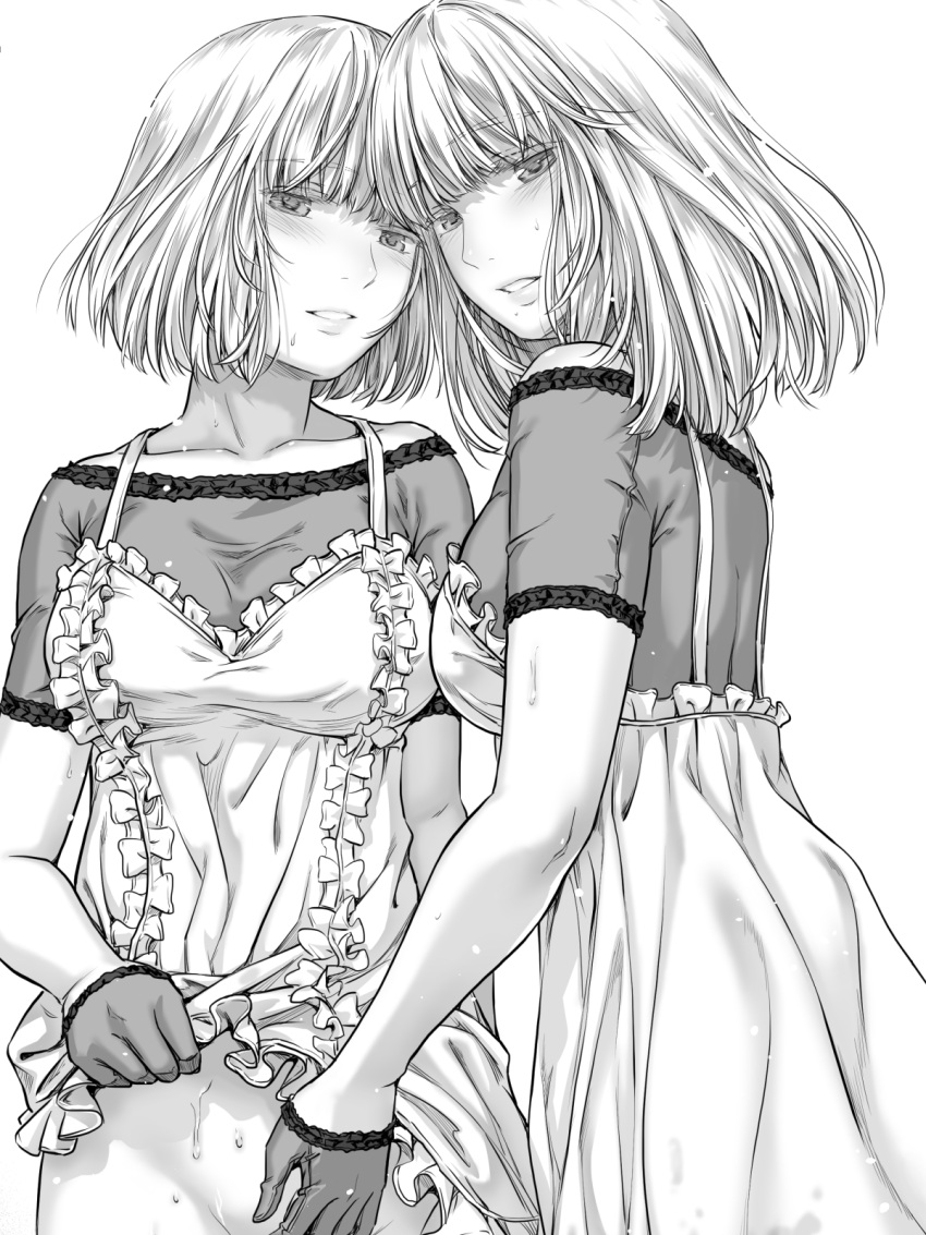 2girls blush bottomless clothes_lift commentary_request dress fingering frills gloves grey_hair highres incest looking_at_viewer medium_hair monochrome multiple_girls off-shoulder_shirt off_shoulder original parted_lips pussy_juice shirt short_hair short_sleeves siblings skirt skirt_lift sweat takekawa_shin twins vaginal yuri