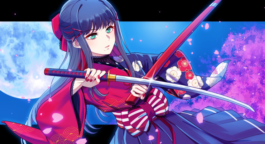 1girl black_hair bow dutch_angle falling_petals green_eyes hair_bow half_updo highres holding holding_sheath holding_sword holding_weapon kurosawa_dia long_hair long_sleeves love_live! love_live!_sunshine!! mole mole_under_mouth moon nyasa obi parted_lips perfect_sekai petals red_bow red_nails sash sheath sidelocks solo sword upper_body weapon wide_sleeves