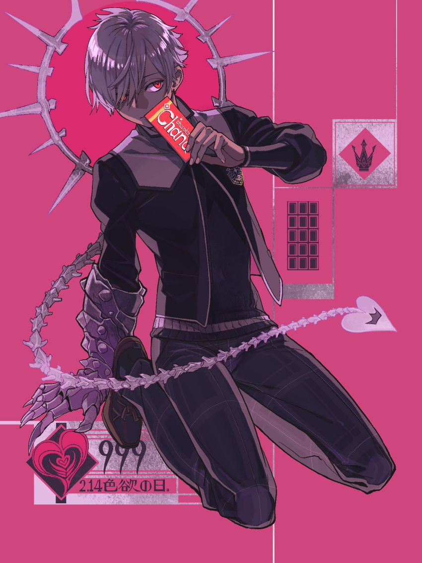 1boy claw_(weapon) closed_mouth full_body glowing glowing_eyes hair_over_one_eye halo heart highres kneeling lizzydom looking_to_the_side male_focus monark pants pink_background red_eyes short_hair skeletal_tail solo tail weapon white_hair