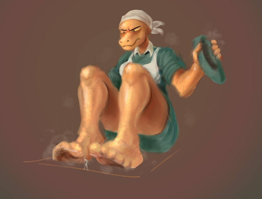 2024 amber_(nuclearchesire) amphibian anthro apron bandanna barefoot clothing dirty_feet extreme_size_difference feet female foot_focus footwear holding_clothing holding_footwear holding_object holding_shoes humanoid_feet kerchief maid_uniform micro musk musk_clouds nuclearcheshire plantigrade salamander shoes shoes_removed size_difference smelly smelly_feet uniform