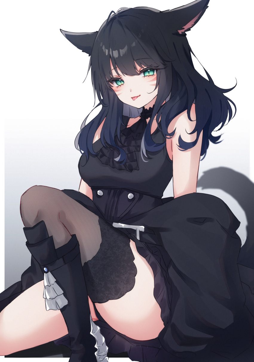1girl :p absurdres animal_ears ascot black_ascot black_dress black_hair black_thighhighs breasts cat_ears cat_tail choker dress final_fantasy final_fantasy_xiv frilled_choker frills goth_fashion green_eyes highres long_hair looking_at_viewer medium_breasts miqo'te sana_(sanamaru_0w0) single_thighhigh sleeveless sleeveless_dress slit_pupils solo tail thighhighs tongue tongue_out warrior_of_light_(ff14) white_background