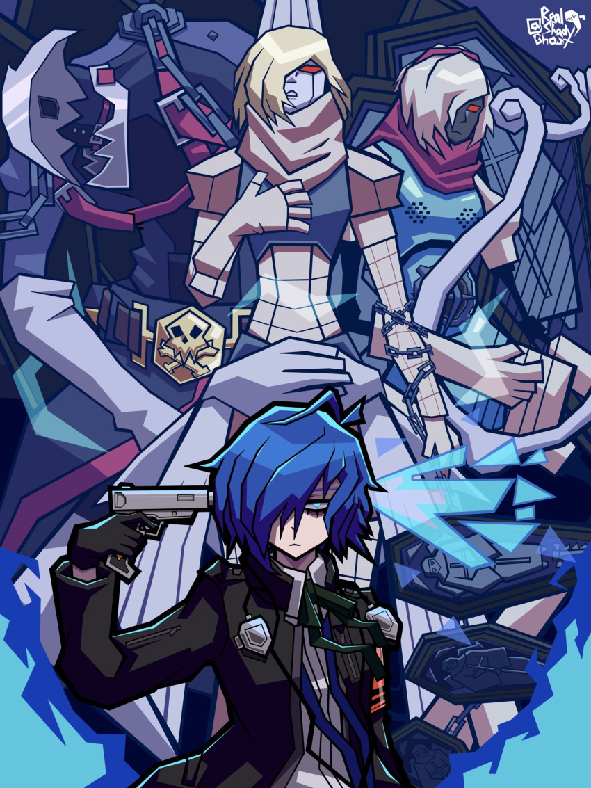 1boy 3others blue_eyes blue_hair evoker gun highres holding holding_gun holding_weapon messiah_(persona) multiple_others orpheus_(persona) persona persona_3 realshadyghost s.e.e.s thanatos_(persona) weapon yuuki_makoto_(persona_3)