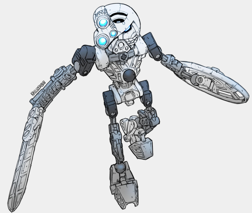 absurdres artist_name bionicle blue_eyes english_commentary from_above glowing glowing_eyes grey_background highres kanohi_(bionicle) kopaka_(bionicle) kreuzer_00 looking_up mask shield simple_background sword the_lego_group weapon