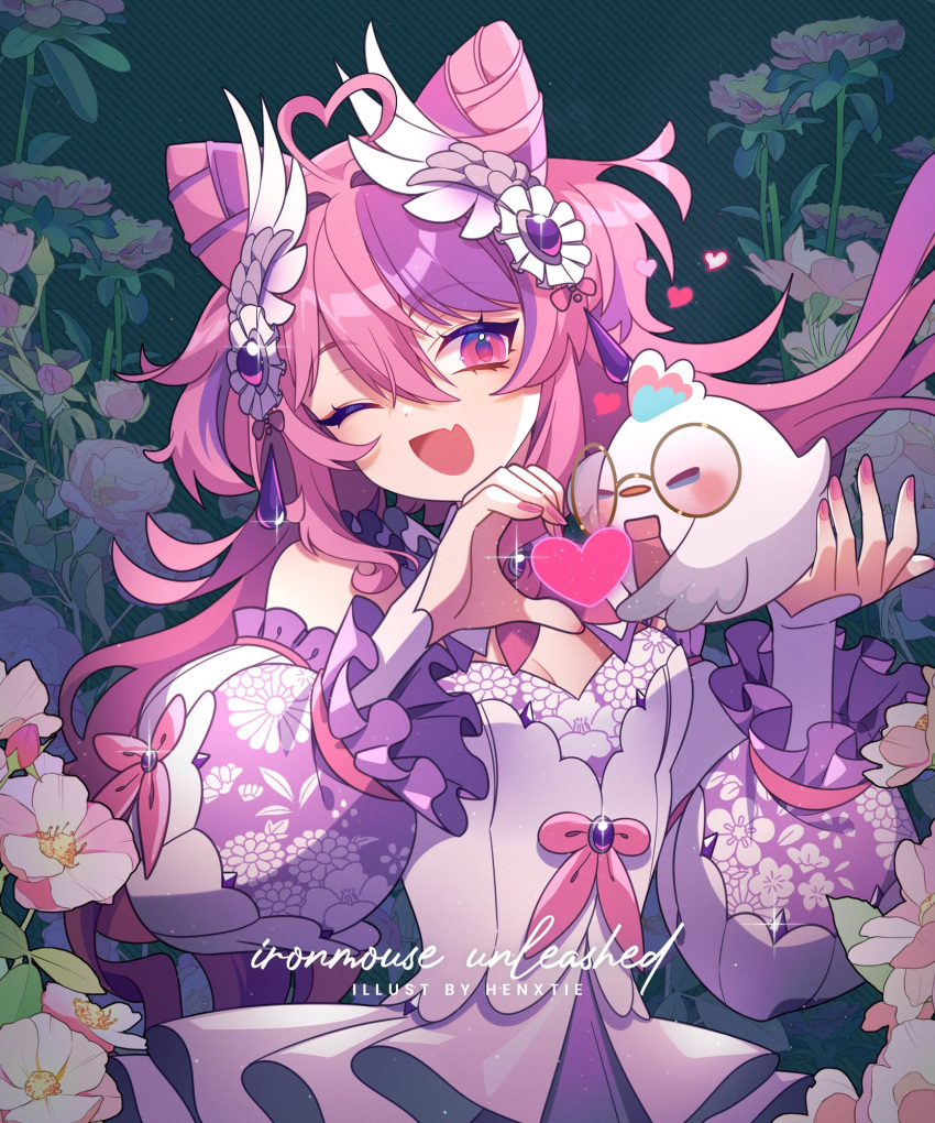 1girl artist_name bird bow breasts character_name cleavage cone_hair_bun detached_sleeves double_bun dress fang floral_print flower frilled_sleeves frills gem glasses hair_between_eyes hair_bun heart hen-tie highres ironmouse long_hair multicolored_hair one_eye_closed open_mouth pink_bow pink_eyes pink_hair purple_gemstone purple_hair round_eyewear skin_fang solo streaked_hair virtual_youtuber vshojo white_dress white_flower wing_hair_ornament