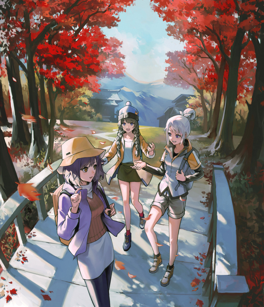 absurdres alternate_costume bag blue_sky bucket_hat commentary_request drill_hair falling_leaves green_hair green_skirt grey_hair grey_shorts hair_over_shoulder hand_up hat highres higuchi_kaede house imageprogram_(kent) jacket jk_gumi_(nijisanji) leaf long_hair long_sleeves looking_at_another mountain nijisanji open_clothes open_jacket open_mouth outdoors ponytail purple_eyes purple_hair purple_jacket shizuka_rin shoes short_hair shorts skirt sky smile standing sweater tree tsukino_mito twin_drills virtual_youtuber walking white_skirt