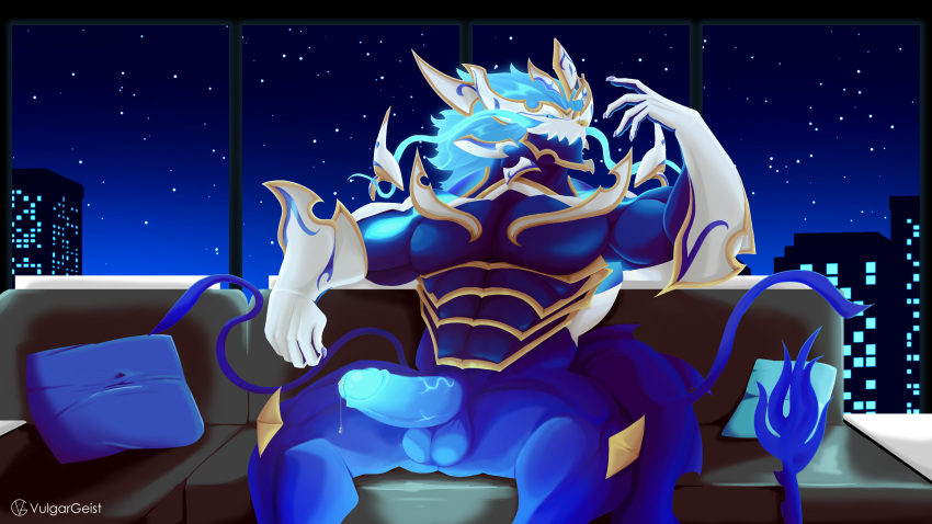 abs absurd_res anthro aurelion_sol_(lol) balls biceps bodily_fluids claws dragon eastern_dragon erection genital_fluids genitals hi_res league_of_legends looking_at_viewer male muscular mythological_creature mythological_scalie mythology pecs penis precum riot_games scalie solo vulgargeist