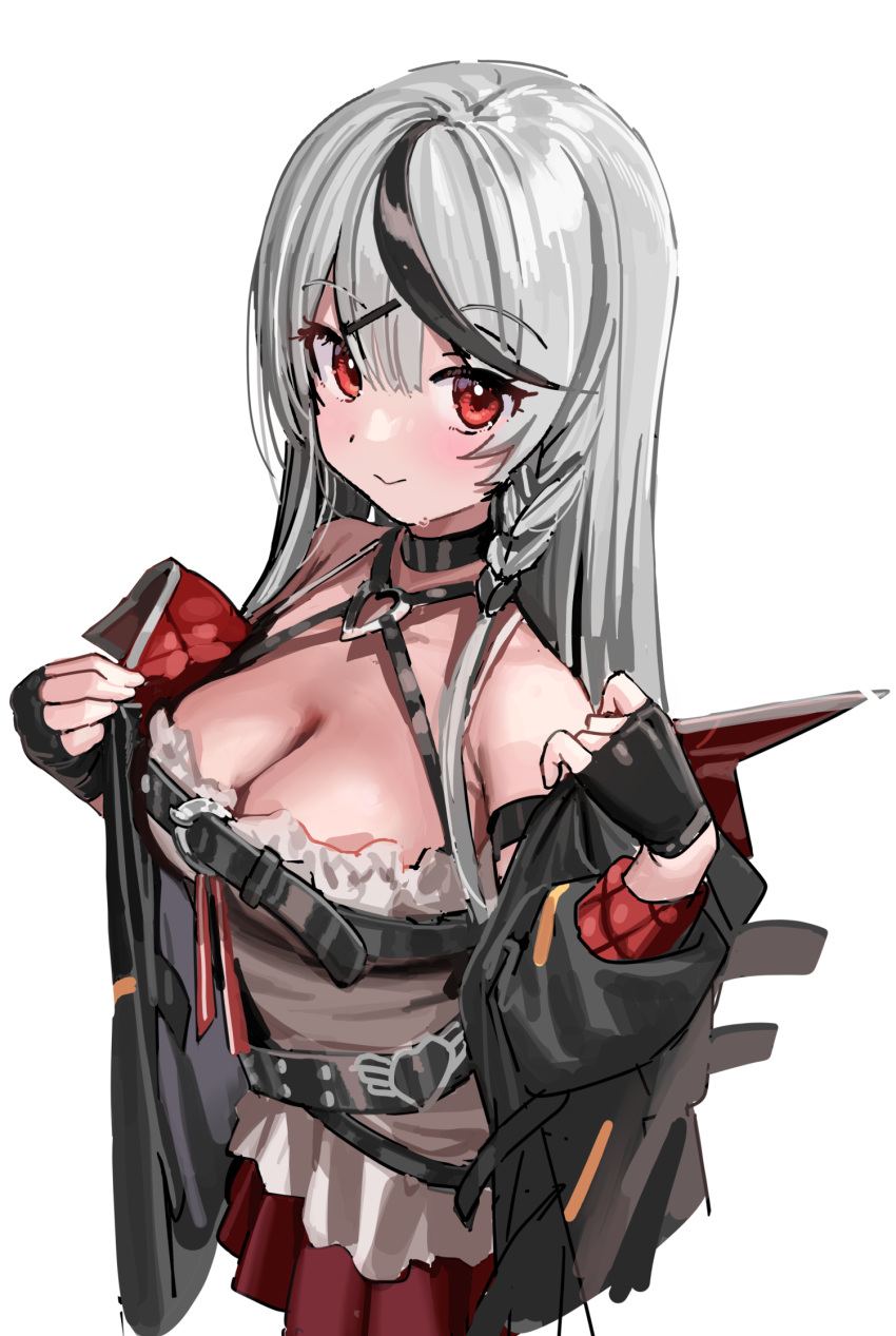1girl bare_shoulders black_gloves black_hair black_jacket blush breasts camisole cleavage fingerless_gloves gloves grey_hair hair_ornament highres hololive jacket kanzarin large_breasts long_hair long_sleeves looking_at_viewer multicolored_hair off-shoulder_jacket off_shoulder red_eyes sakamata_chloe smile solo streaked_hair virtual_youtuber white_camisole x_hair_ornament