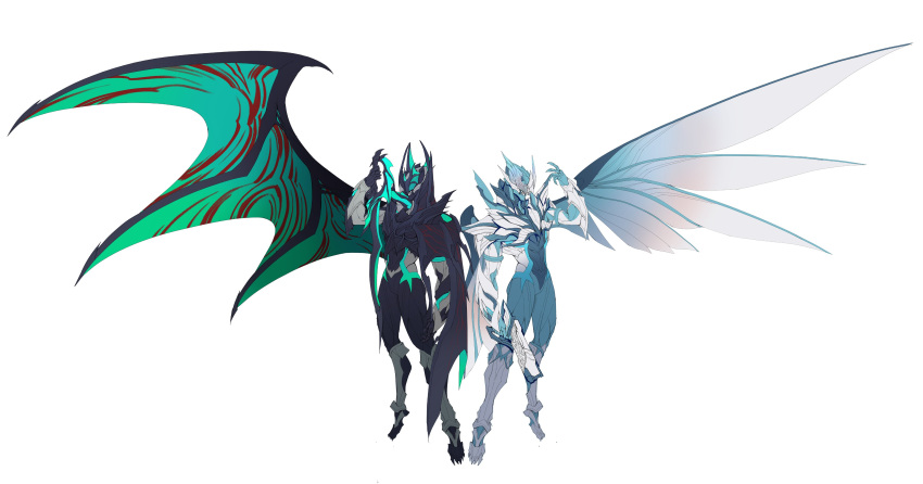 2boys absurdres angel angel_and_devil angel_wings aqua_eyes armor asymmetrical_armor back-to-back bat_(animal) bat_wings black_armor black_cape black_eyes black_wings cape capelet catball1994 claw_pose clawed_boots clawed_gauntlets dagger demon demon_boy demon_wings elbow_spikes evil fake_horns full_body grey_footwear gun handgun helmet high_collar highres holding holding_weapon holy_live horned_helmet horns kamen_rider kamen_rider_evil kamen_rider_live kamen_rider_revice knife livegun looking_at_viewer male_focus multiple_boys open_hands organic sharp_teeth sheath sheathed single_horn spiked_armor spiked_helmet splatter stylistic sword symmetry teeth thigh_strap thighs walking weapon white_armor white_background white_cape white_footwear white_wings wing_genome wings