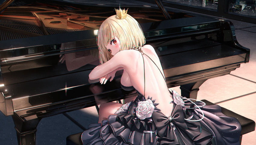 1girl absurdres back backless_dress backless_outfit bangs bare_arms bare_shoulders black_dress blonde_hair blush breasts building commission covered_mouth cream_(cream) crown dress flower from_behind grand_piano highres indoors instrument layered_dress looking_at_viewer looking_back medium_breasts mini_crown nay night original piano piano_bench pleated_dress red_eyes reflection rose second-party_source short_hair sideboob sitting skyscraper solo tilted_headwear white_flower white_rose window